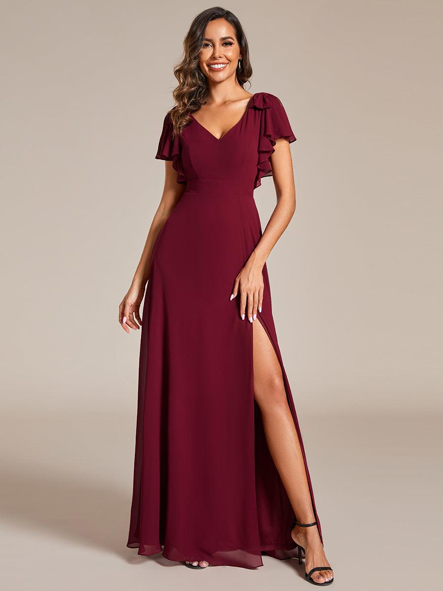 Robe de demoiselle d'honneur trapèze en mousseline à manches courtes avec n?ud papillon et fente haute sur le devant #Couleur_Bordeaux