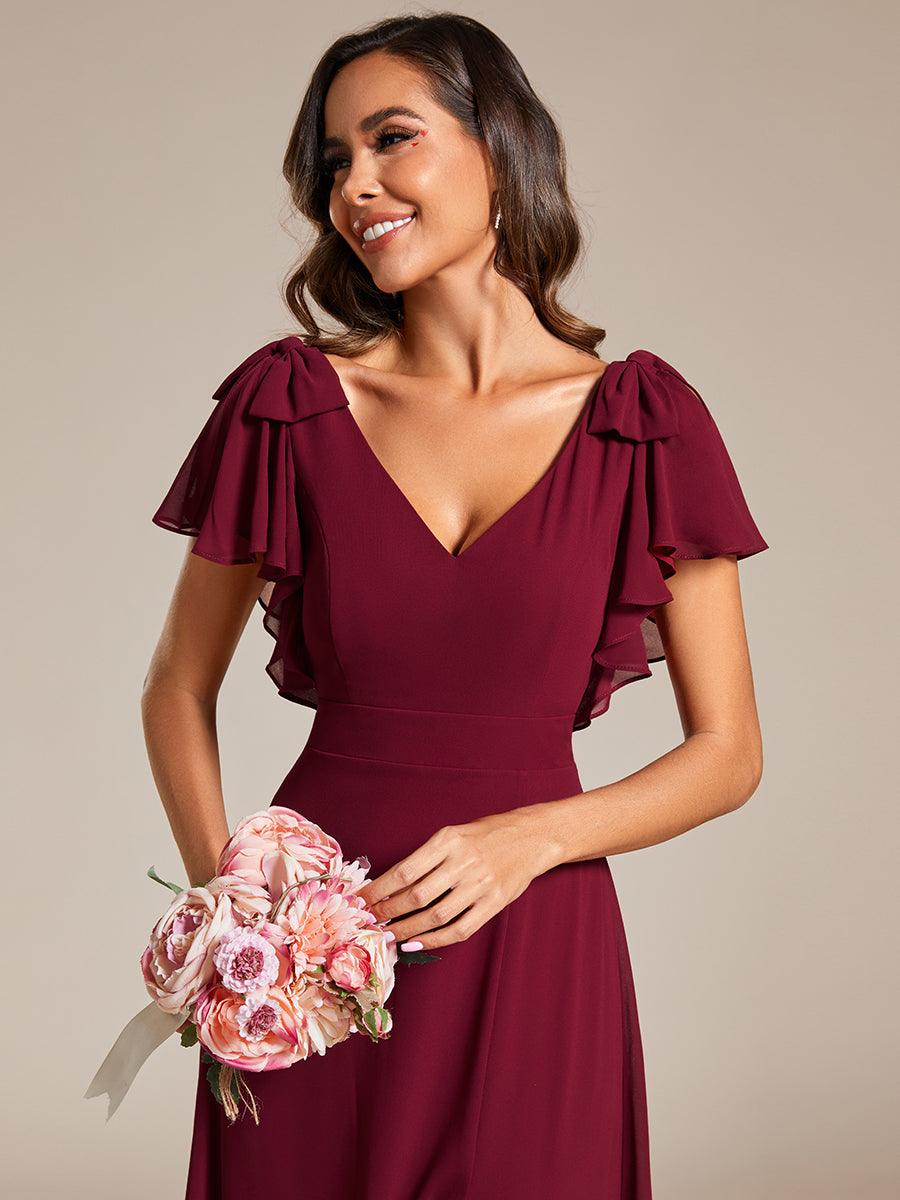 Robe de demoiselle d'honneur trapèze en mousseline à manches courtes avec n?ud papillon et fente haute sur le devant #Couleur_Bordeaux