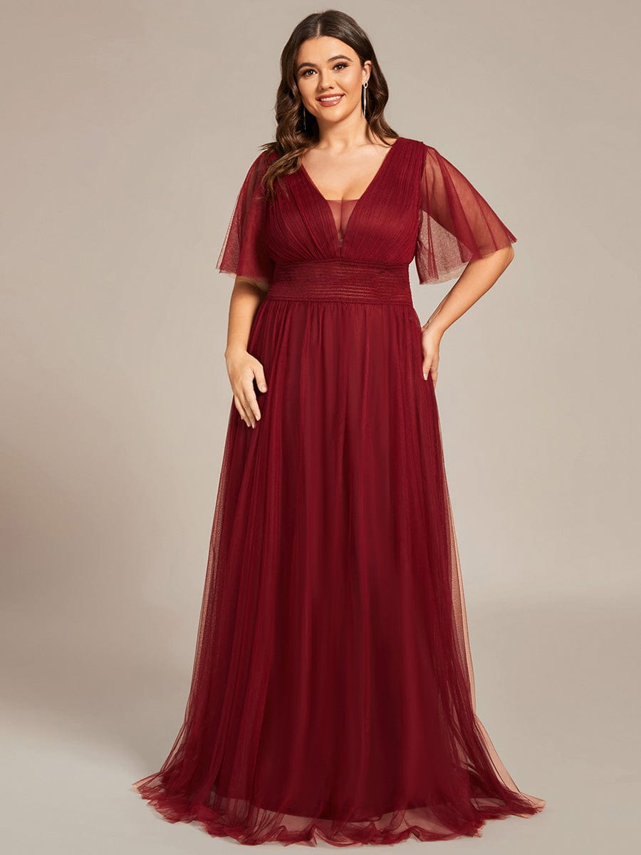 Taille personnalisée Robe emoiselle d'honneur en tulle plissée à manches courtes #Couleur_Bordeaux Taille personnalisée Robe emoiselle d'honneur en tulle plissée à manches courtes