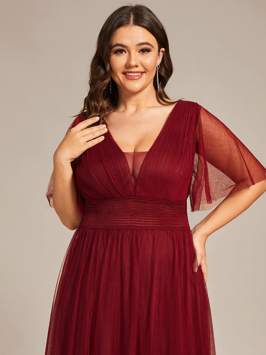 Taille personnalisée Robe emoiselle d'honneur en tulle plissée à manches courtes #Couleur_Bordeaux Taille personnalisée Robe emoiselle d'honneur en tulle plissée à manches courtes