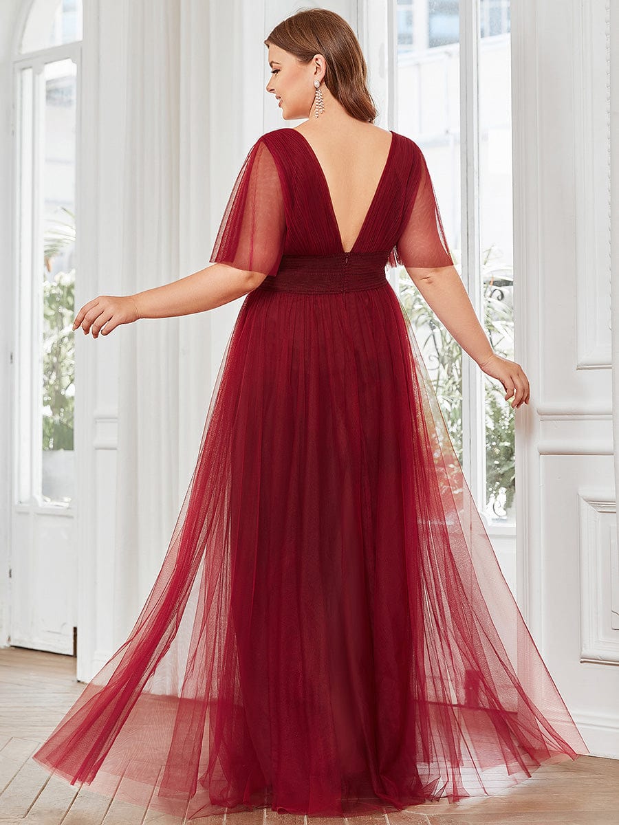 Taille personnalisée Robe emoiselle d'honneur en tulle plissée à manches courtes #Couleur_Bordeaux Taille personnalisée Robe emoiselle d'honneur en tulle plissée à manches courtes