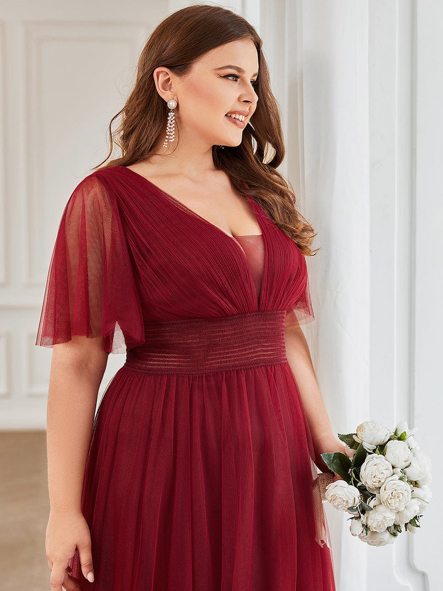 Taille personnalisée Robe emoiselle d'honneur en tulle plissée à manches courtes #Couleur_Bordeaux Taille personnalisée Robe emoiselle d'honneur en tulle plissée à manches courtes