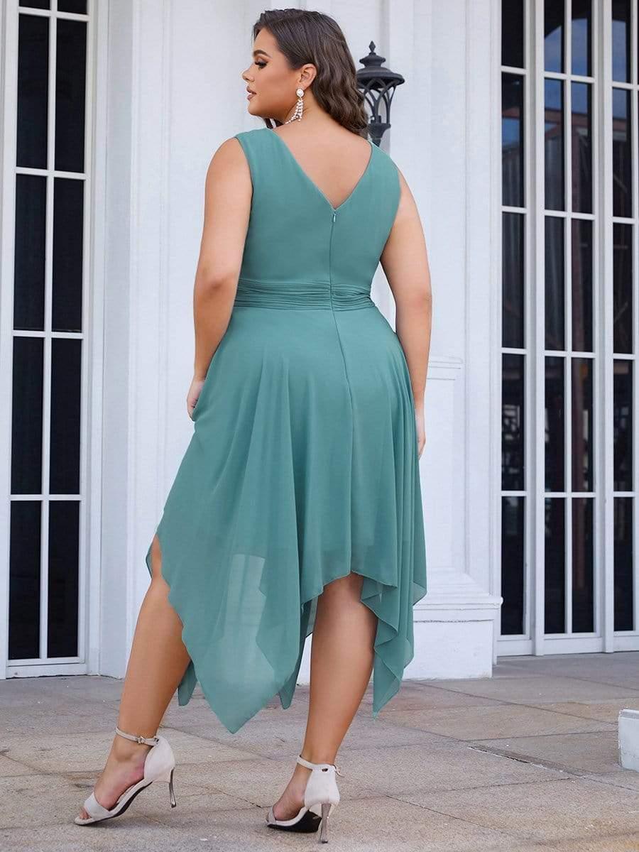 Robe de Demoiselle d'Honneur en Mousseline à Ourlet Asymétrique Longueur Genou de Grande Taille #Couleur_Bleu Fume