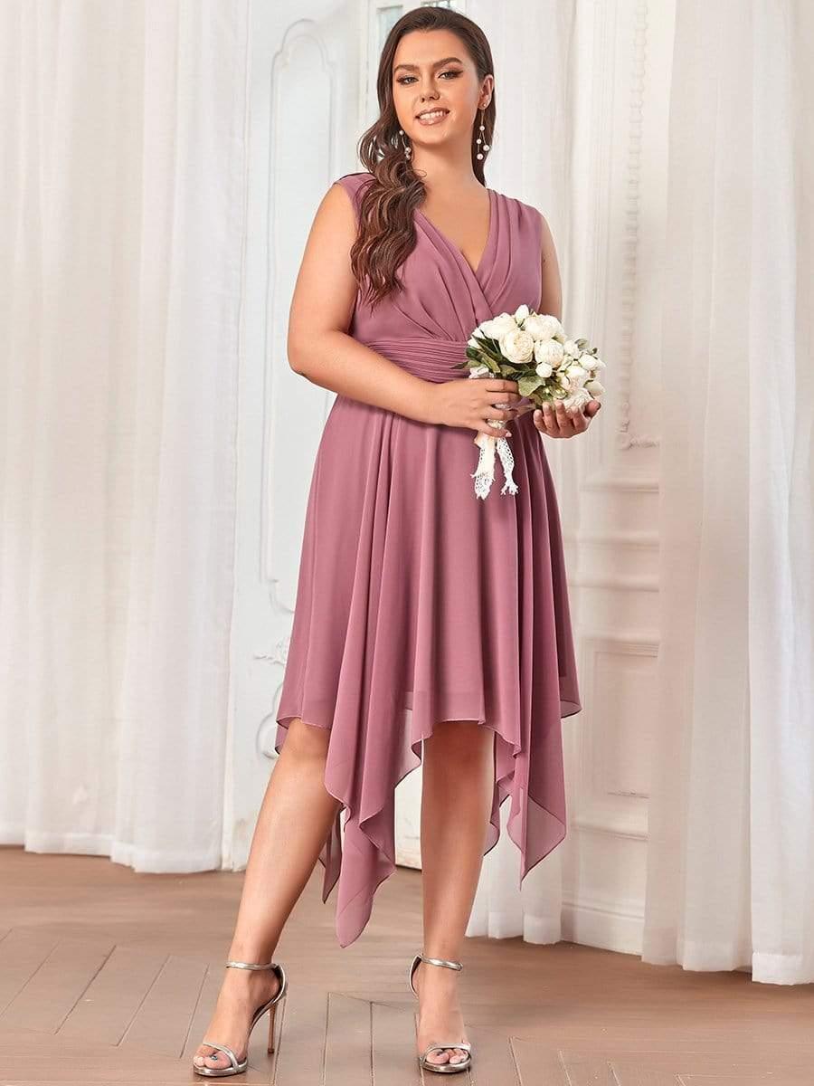 Robe mariage invitée en Mousseline à Ourlet Asymétrique Longueur Genou de Grande Taille #Couleur_Orchidee