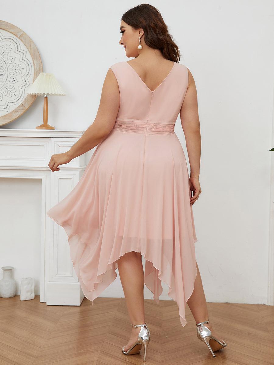 Robe mariage invitée en Mousseline à Ourlet Asymétrique Longueur Genou de Grande Taille #Couleur_Rose