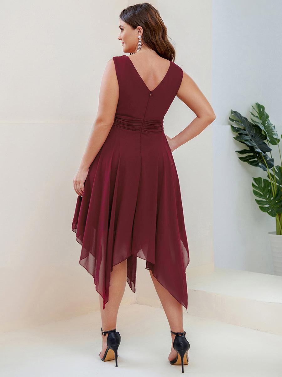 Robe mariage invitée en Mousseline à Ourlet Asymétrique Longueur Genou de Grande Taille #Couleur_Bordeaux