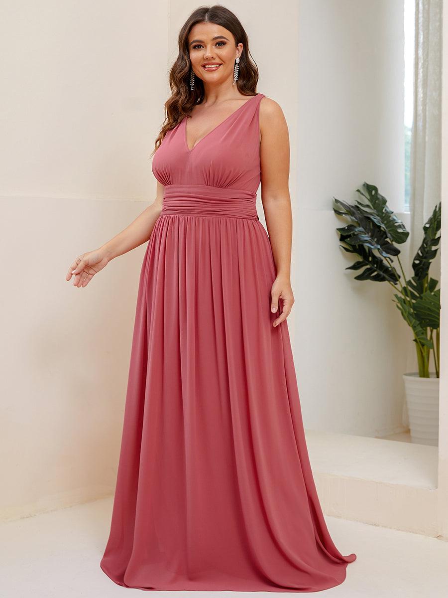 Robes de soirée Grande Taille Semi-Formelle Chiffon à Col V sans Manches #Couleur_Rose corail
