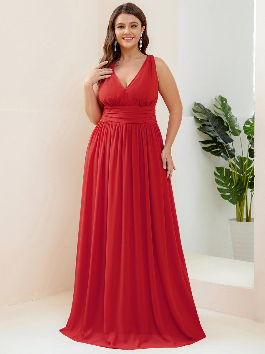 Robe de demoiselle d'honneur Grande Taille à Col V sans Manches #Couleur_Rouge