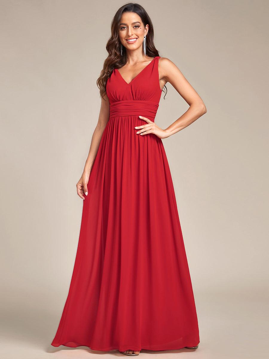 Col V sans manches plissé chiffon robe de soirée #Couleur_Rouge