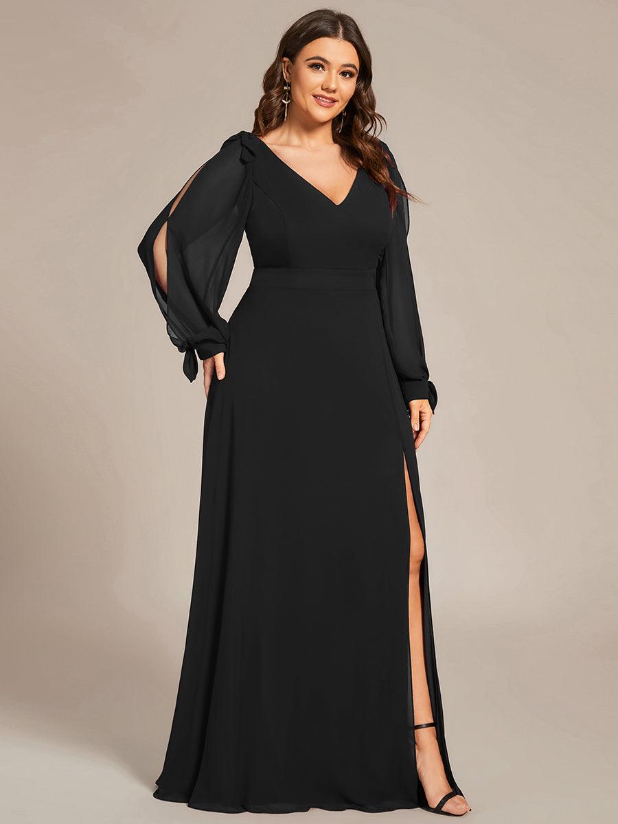 Robe de demoiselle d'honneur fendue à manches longues et col en V de grande taille #Couleur_Noir