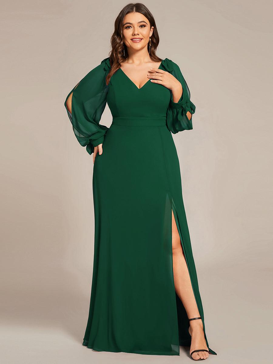 Robe de demoiselle d'honneur fendue à manches longues et col en V de grande taille #Couleur_Vert Fonce