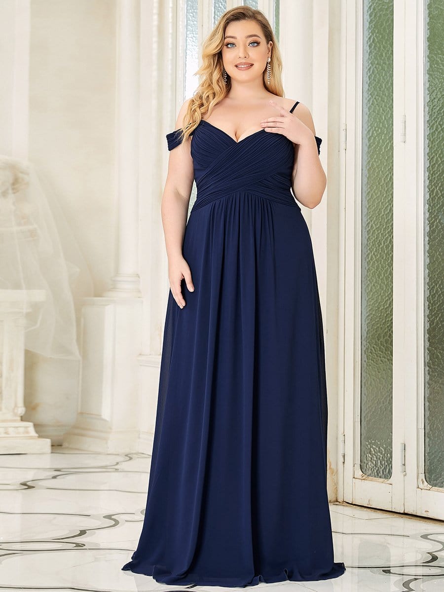 Robe de demoiselle d'honneur plissée à épaules dénudées longueur au sol grande taille #Couleur_Bleu Marine Robe de demoiselle d'honneur plissée à épaules dénudées longueur au sol grande taille