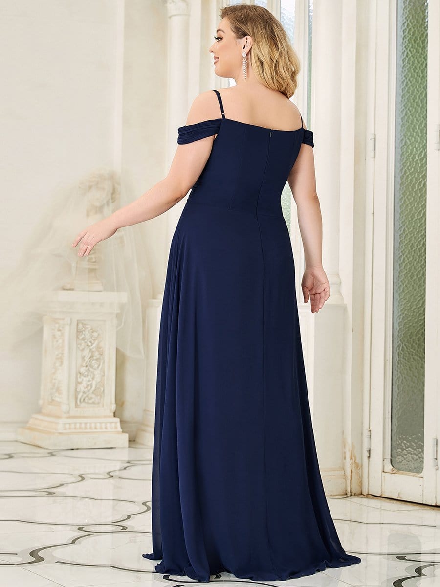 Robe de demoiselle d'honneur plissée à épaules dénudées longueur au sol grande taille #Couleur_Bleu Marine Robe de demoiselle d'honneur plissée à épaules dénudées longueur au sol grande taille