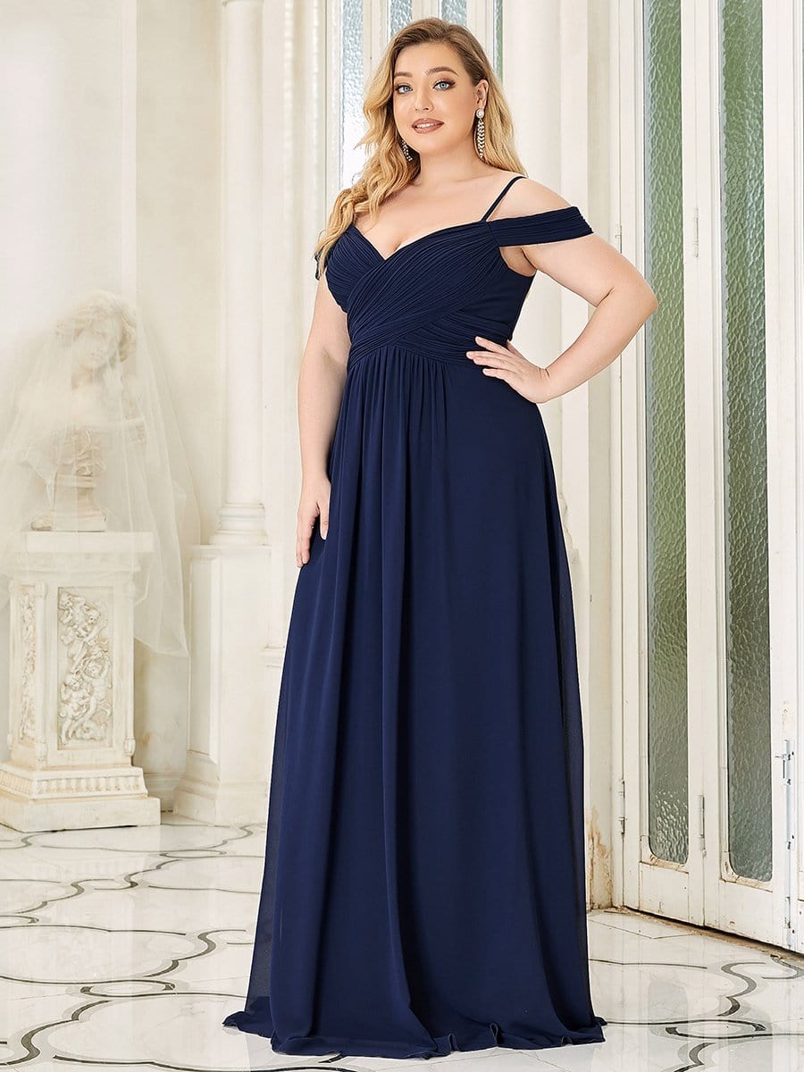 Robe de demoiselle d'honneur plissée à épaules dénudées longueur au sol grande taille #Couleur_Bleu Marine Robe de demoiselle d'honneur plissée à épaules dénudées longueur au sol grande taille