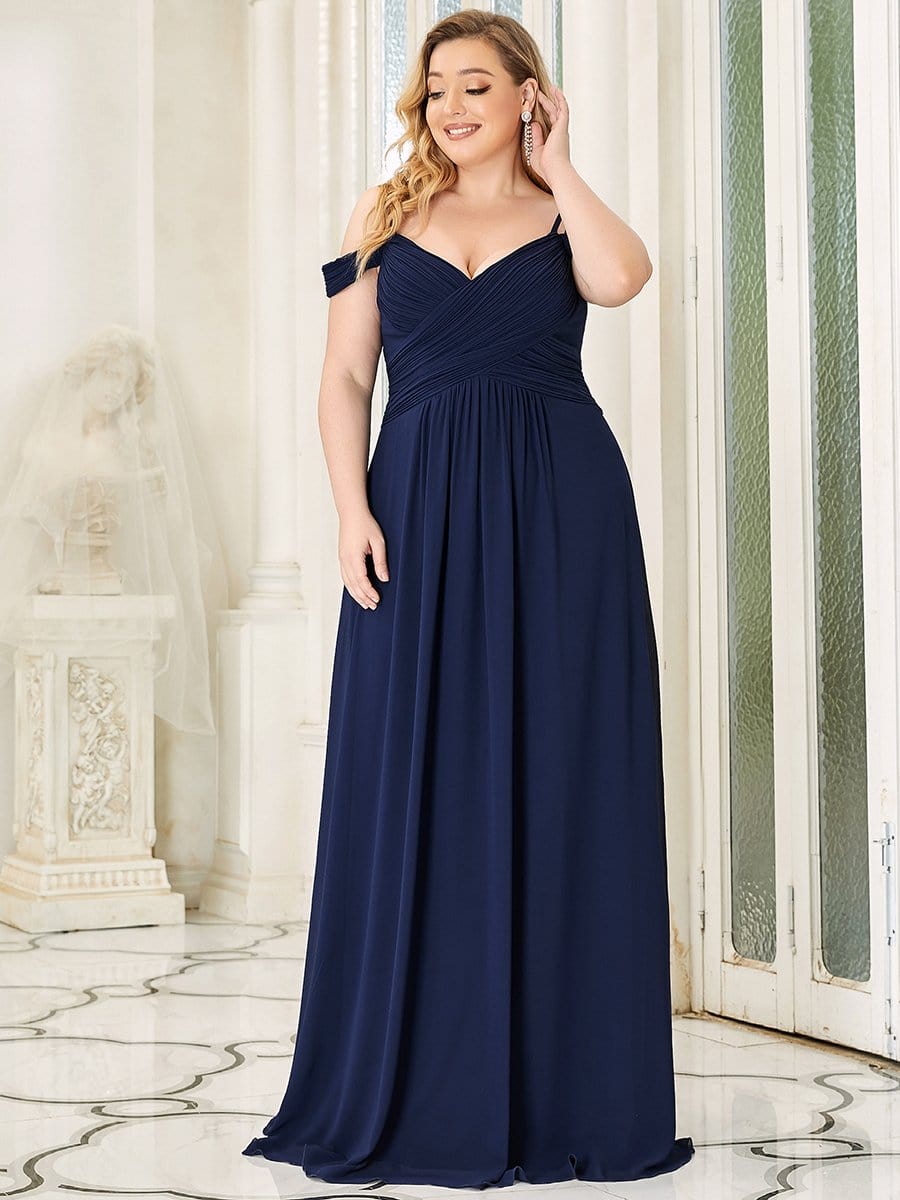 Robe de demoiselle d'honneur plissée à épaules dénudées longueur au sol grande taille #Couleur_Bleu Marine Robe de demoiselle d'honneur plissée à épaules dénudées longueur au sol grande taille