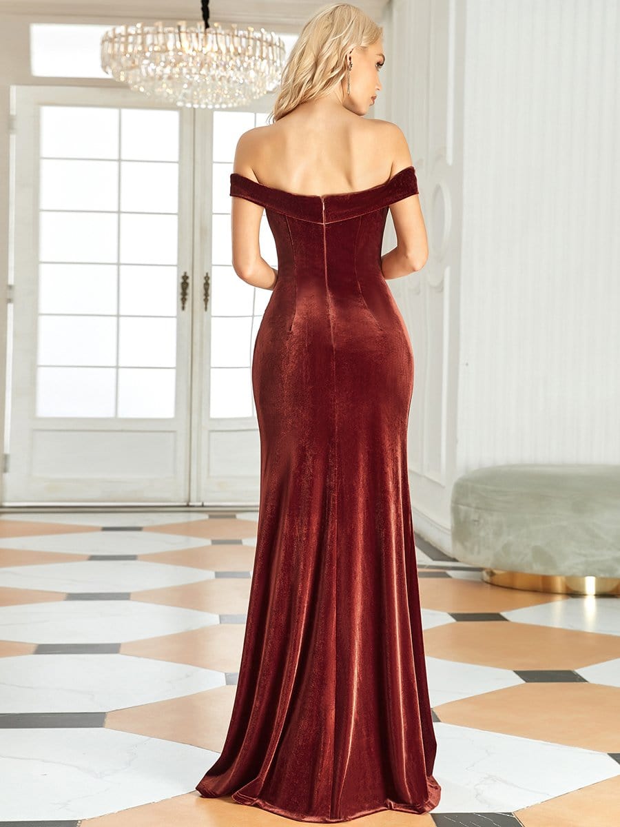 Color=Rouge Brique | Robe longue au sol en velours à épaules dénudées-Rouge Brique 1 Color=Rouge Brique | Robe longue au sol en velours à épaules dénudées-Rouge Brique 2
