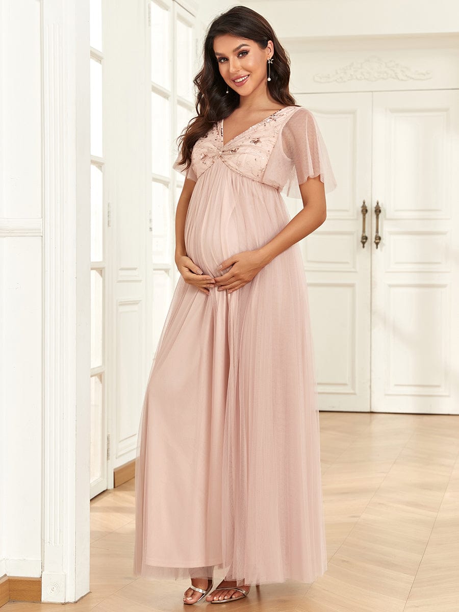 Robe de maternité trapèze en tulle à sequins col en V manches courtes #Couleur_Or Rose Robe de maternité trapèze en tulle à sequins col en V manches courtes