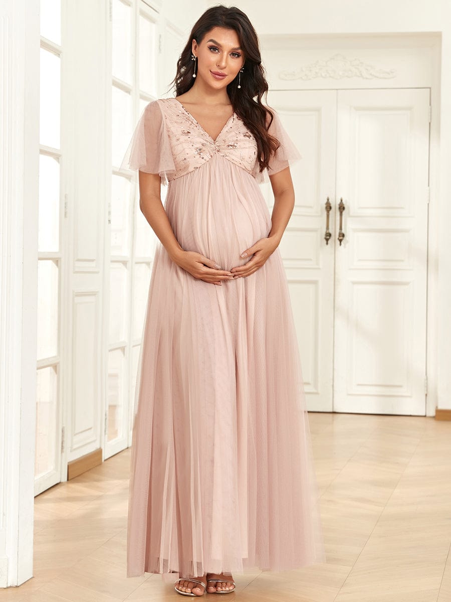 Robe de maternité trapèze en tulle à sequins col en V manches courtes #Couleur_Or Rose Robe de maternité trapèze en tulle à sequins col en V manches courtes