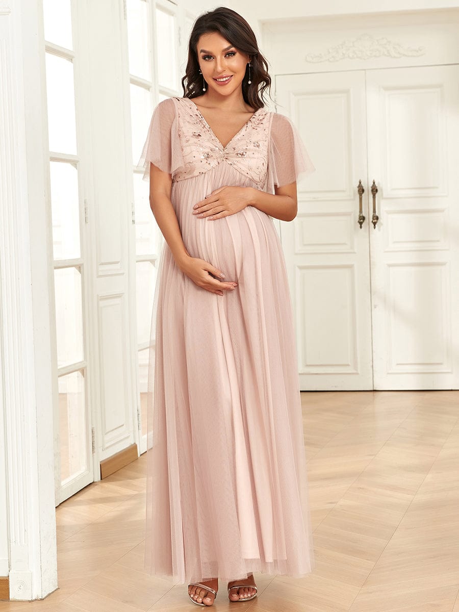 Robe de maternité trapèze en tulle à sequins col en V manches courtes #Couleur_Or Rose Robe de maternité trapèze en tulle à sequins col en V manches courtes