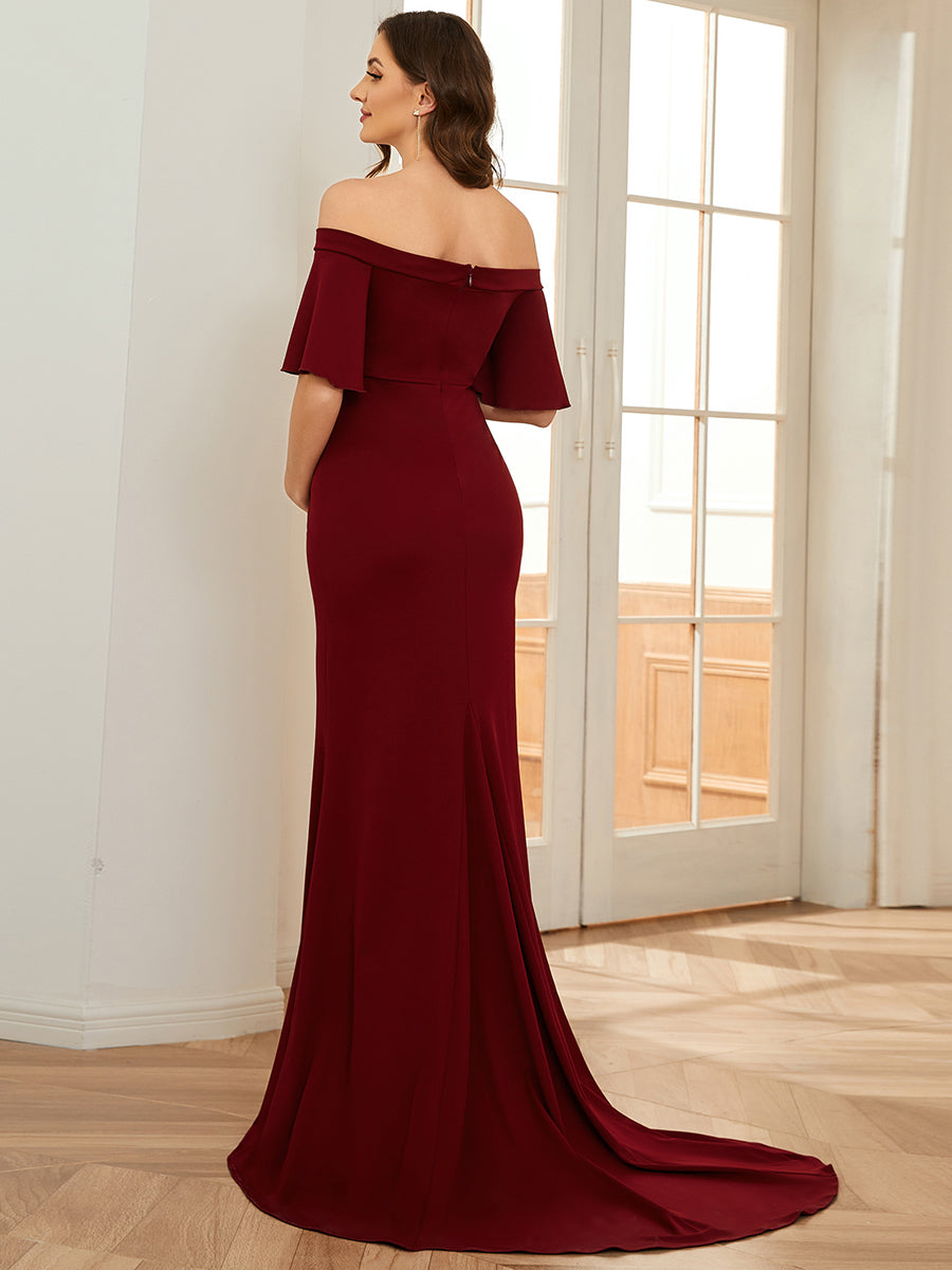 Robe de maternité Sirène à encolure en V et épaules dénudées #Couleur_Bordeaux Robe de maternité Sirène à encolure en V et épaules dénudées