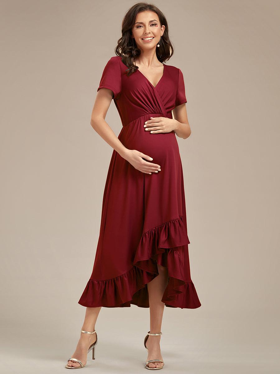 Robe de Maternité élégante Col en V Ourlet haut-bas à volants #Couleur_Rose fumee Robe de Maternité élégante Col en V Ourlet haut-bas à volants