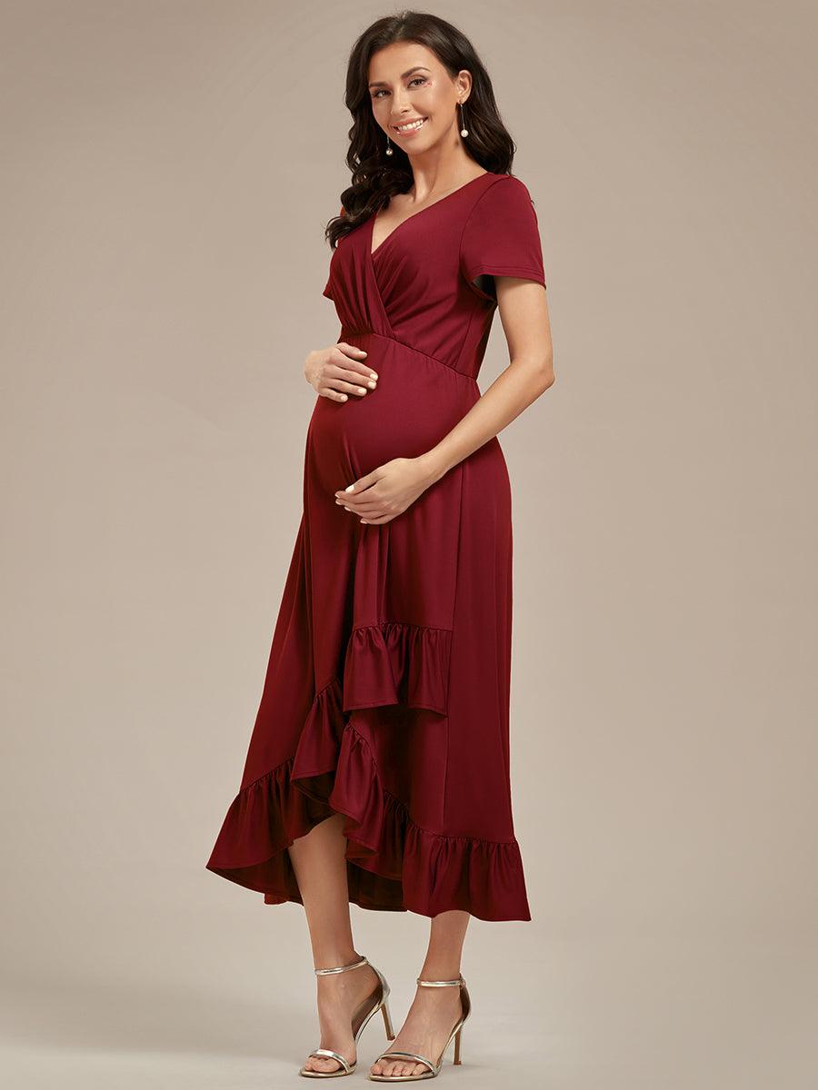 Robe de Maternité élégante Col en V Ourlet haut-bas à volants #Couleur_Rose fumee Robe de Maternité élégante Col en V Ourlet haut-bas à volants