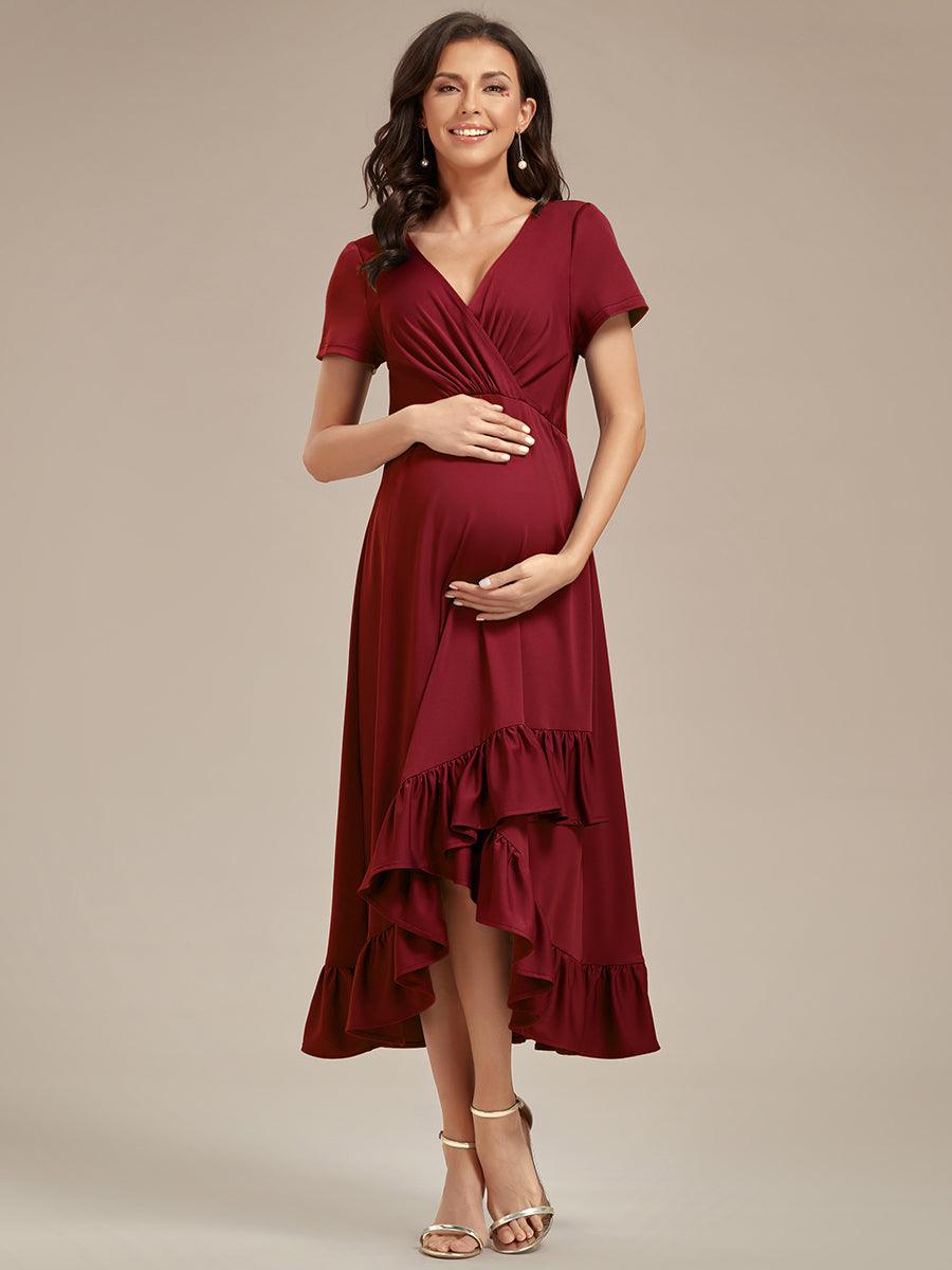 Robe de Maternité élégante Col en V Ourlet haut-bas à volants #Couleur_Rose fumee Robe de Maternité élégante Col en V Ourlet haut-bas à volants