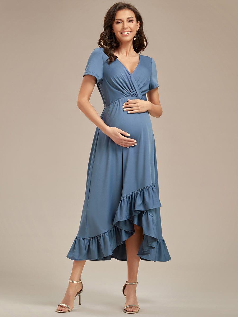 Robe de Maternité élégante Col en V Ourlet haut-bas à volants #Couleur_Rose fumee Robe de Maternité élégante Col en V Ourlet haut-bas à volants