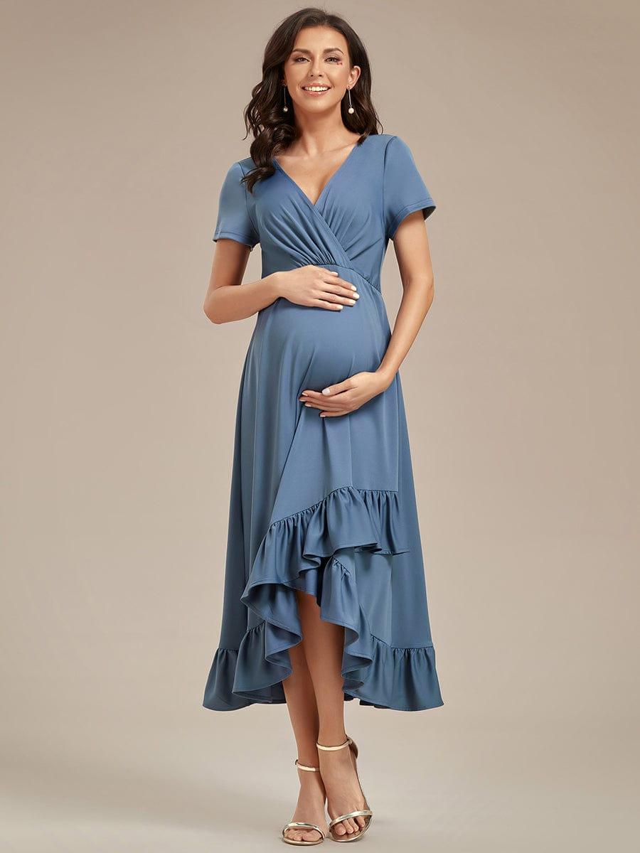 Robe de Maternité élégante Col en V Ourlet haut-bas à volants #Couleur_Rose fumee Robe de Maternité élégante Col en V Ourlet haut-bas à volants