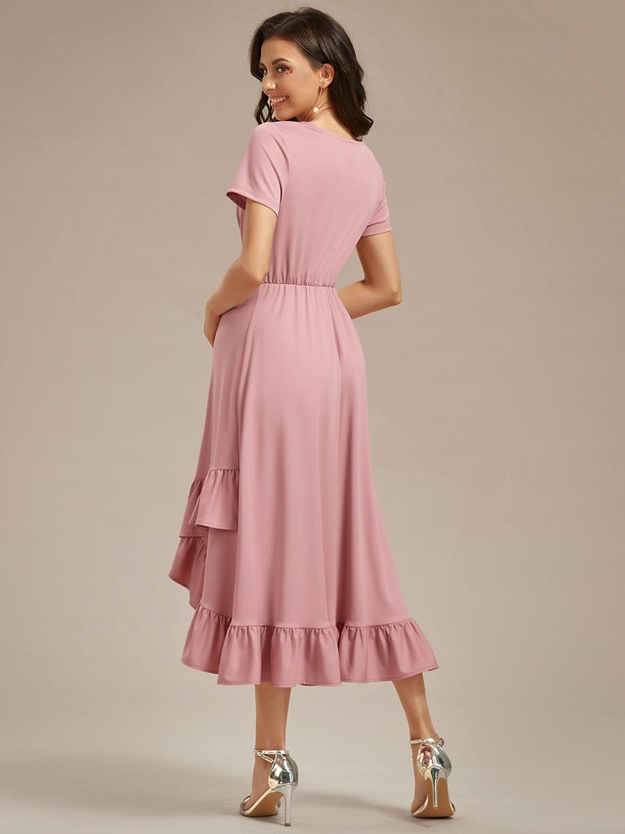 Robe de Maternité élégante Col en V Ourlet haut-bas à volants #Couleur_Rose fumee Robe de Maternité élégante Col en V Ourlet haut-bas à volants