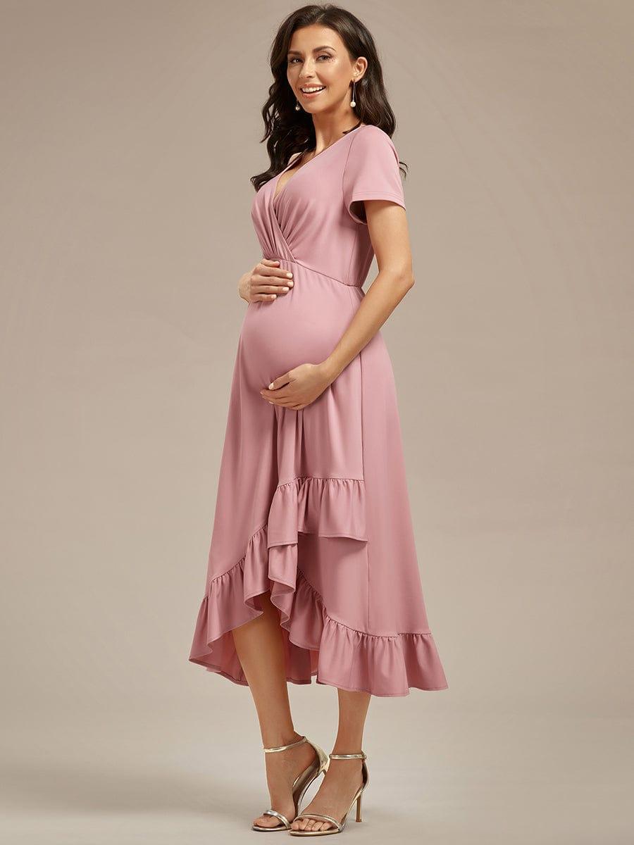 Robe de Maternité élégante Col en V Ourlet haut-bas à volants #Couleur_Rose fumee Robe de Maternité élégante Col en V Ourlet haut-bas à volants