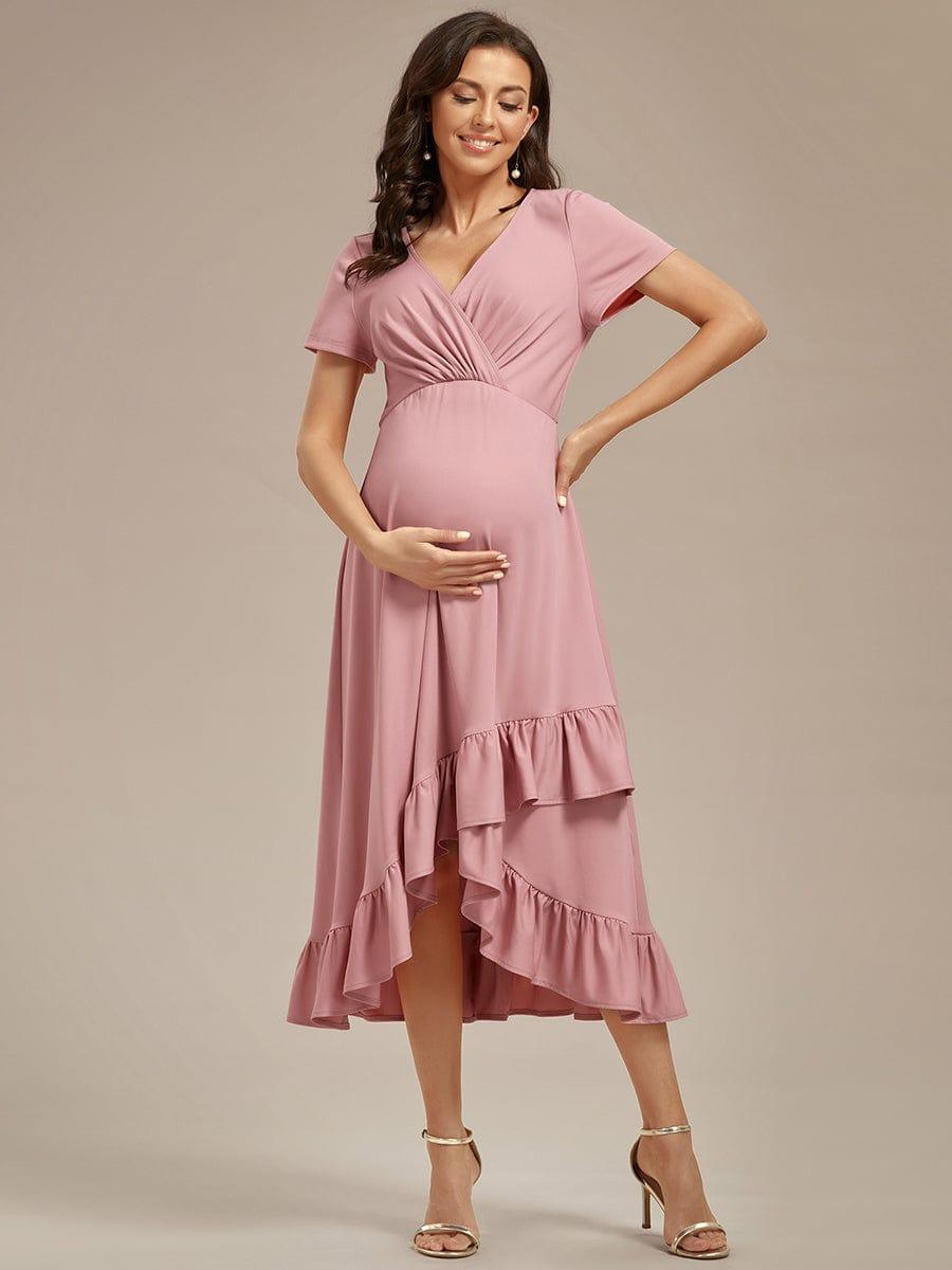 Robe de Maternité élégante Col en V Ourlet haut-bas à volants #Couleur_Rose fumee Robe de Maternité élégante Col en V Ourlet haut-bas à volants