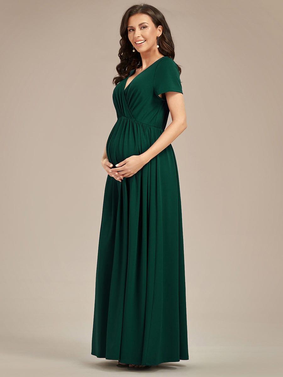 Robe de Maternité Manches courtes Col en V de style A-ligne #Couleur_Vert Fonce Robe de Maternité Manches courtes Col en V de style A-ligne
