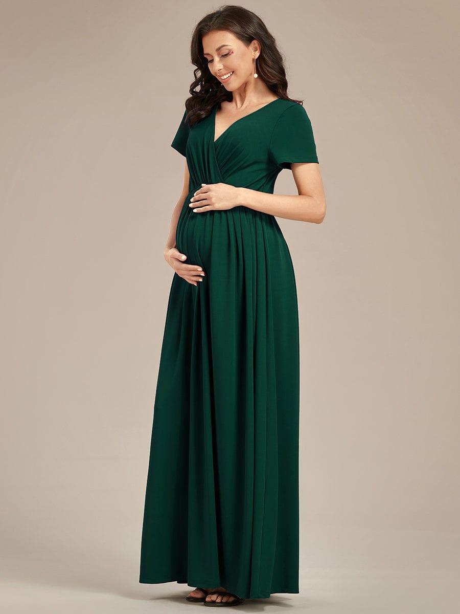 Robe de Maternité Manches courtes Col en V de style A-ligne #Couleur_Vert Fonce Robe de Maternité Manches courtes Col en V de style A-ligne