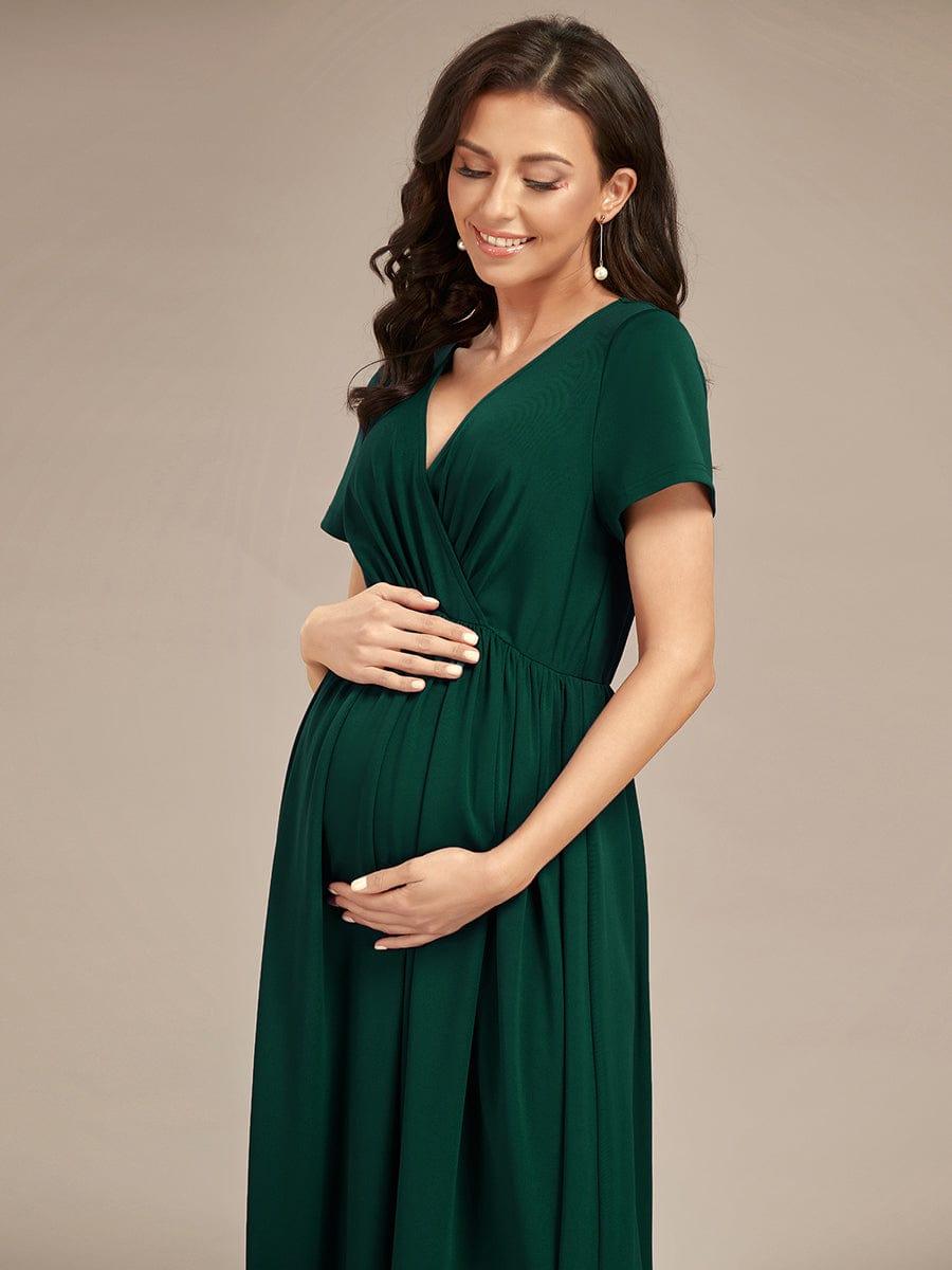 Robe de Maternité Manches courtes Col en V de style A-ligne #Couleur_Vert Fonce Robe de Maternité Manches courtes Col en V de style A-ligne