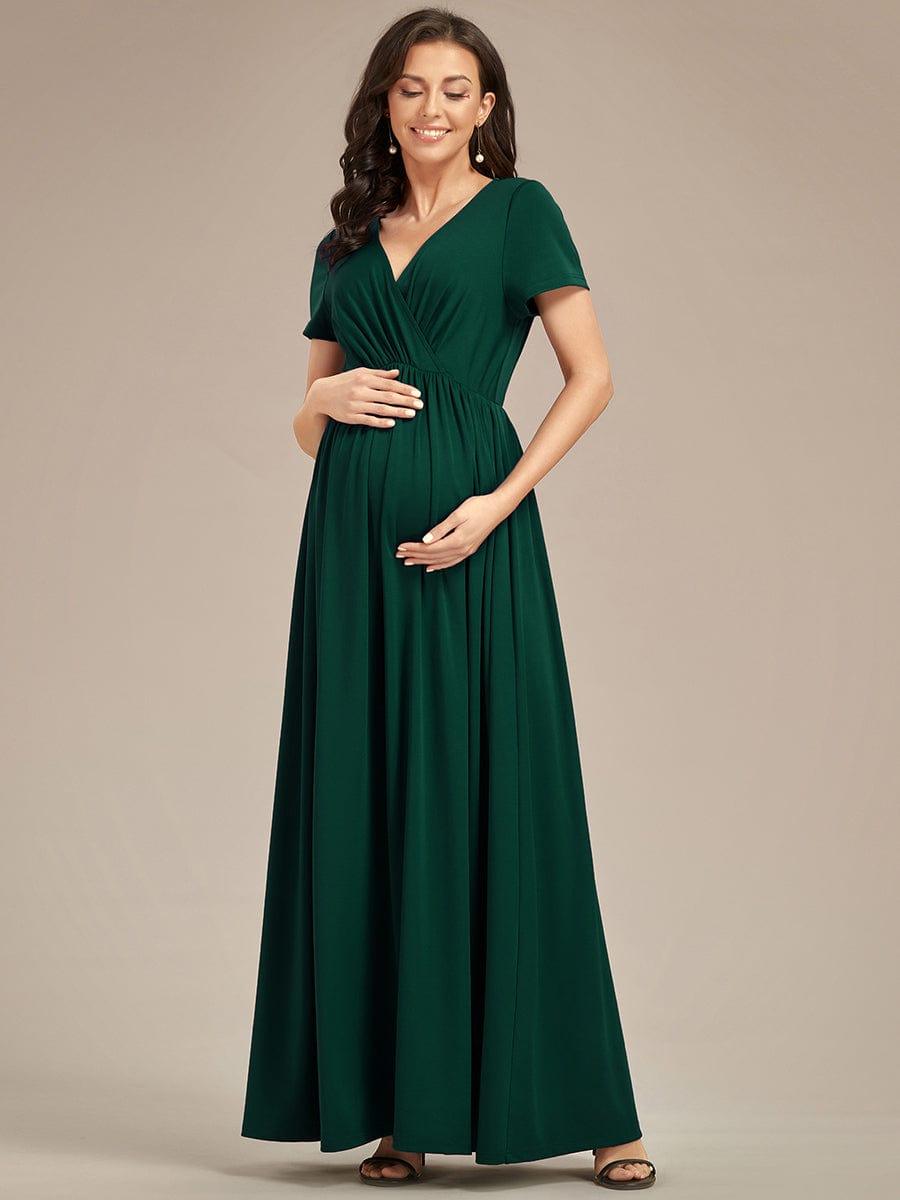 Robe de Maternité Manches courtes Col en V de style A-ligne #Couleur_Vert Fonce Robe de Maternité Manches courtes Col en V de style A-ligne