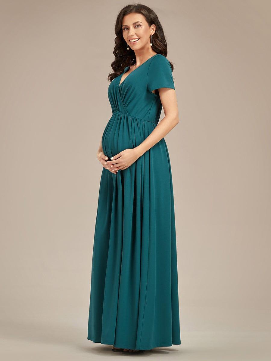 Robe de Maternité Manches courtes Col en V de style A-ligne #Couleur_Vert Fonce Robe de Maternité Manches courtes Col en V de style A-ligne