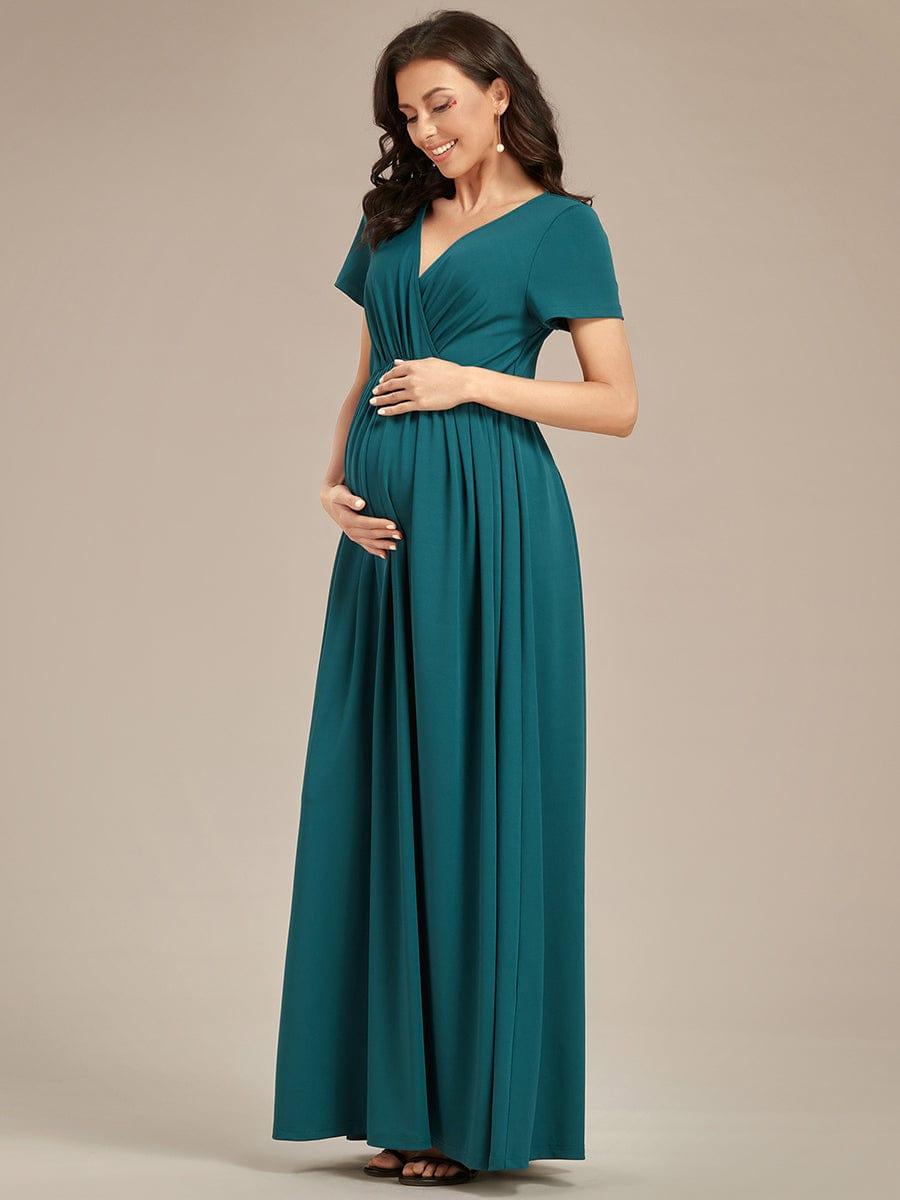 Robe de Maternité Manches courtes Col en V de style A-ligne #Couleur_Vert Fonce Robe de Maternité Manches courtes Col en V de style A-ligne