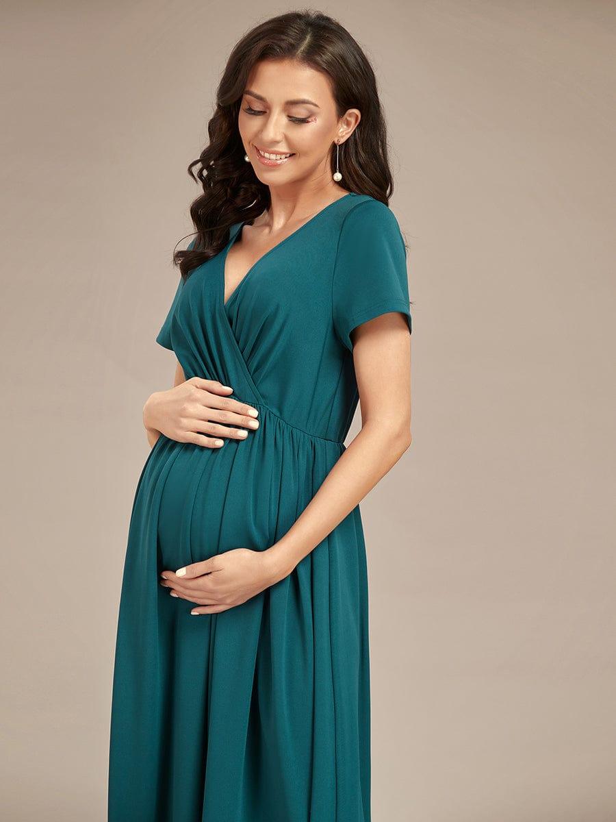 Robe de Maternité Manches courtes Col en V de style A-ligne #Couleur_Vert Fonce Robe de Maternité Manches courtes Col en V de style A-ligne