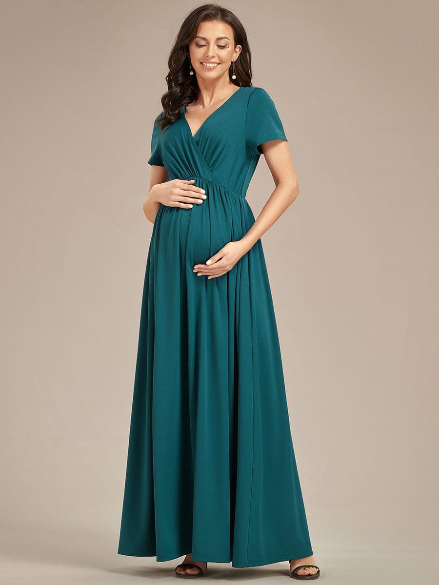 Robe de Maternité Manches courtes Col en V de style A-ligne #Couleur_Vert Fonce Robe de Maternité Manches courtes Col en V de style A-ligne