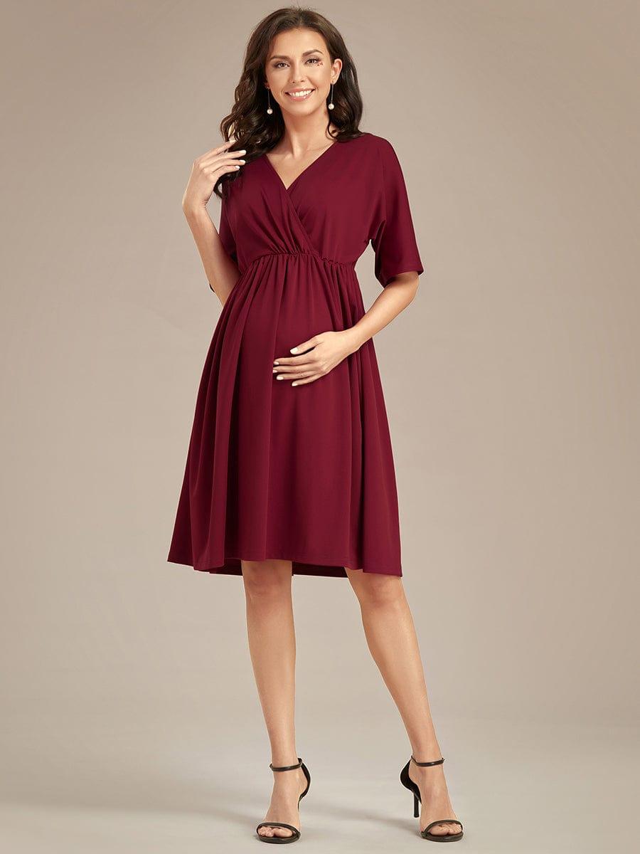 Robe de Maternité lâche Col en V Demi-manches au genou #Couleur_Bordeaux Robe de Maternité lâche Col en V Demi-manches au genou