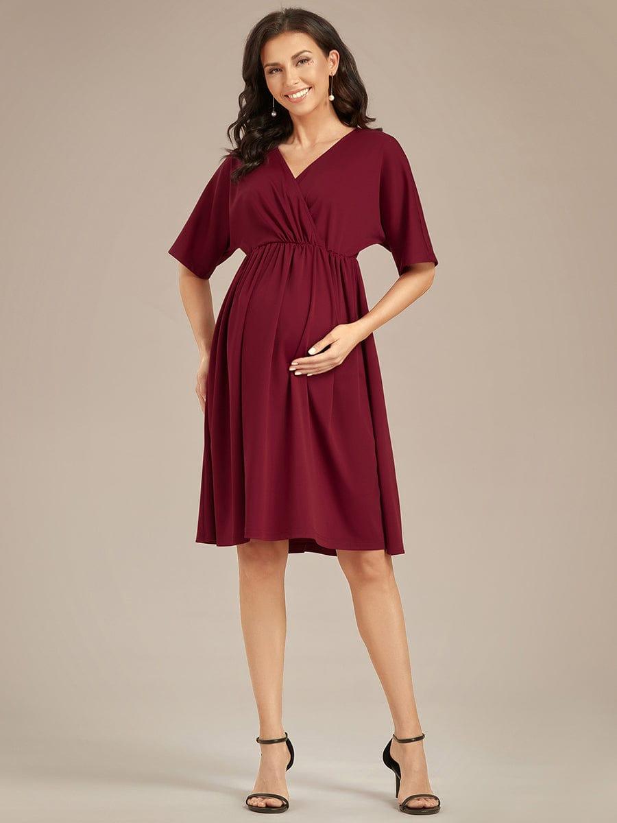 Robe de Maternité lâche Col en V Demi-manches au genou #Couleur_Bordeaux Robe de Maternité lâche Col en V Demi-manches au genou