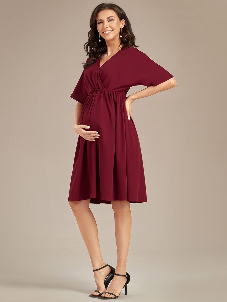 Robe de Maternité lâche Col en V Demi-manches au genou #Couleur_Bordeaux Robe de Maternité lâche Col en V Demi-manches au genou