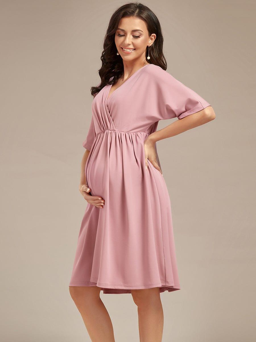 Robe de Maternité lâche Col en V Demi-manches au genou #Couleur_Bordeaux Robe de Maternité lâche Col en V Demi-manches au genou