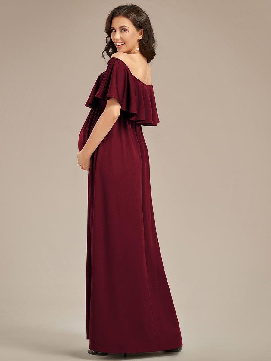 Robe de Maternité évasée flatteuse avec volants épaules dénudées #Couleur_Bordeaux Robe de Maternité évasée flatteuse avec volants épaules dénudées