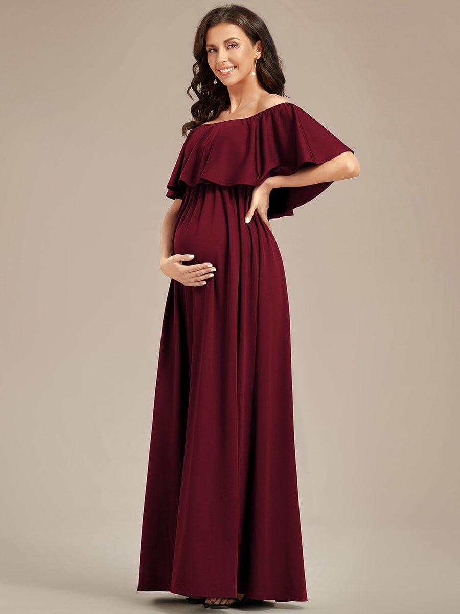 Robe de Maternité évasée flatteuse avec volants épaules dénudées #Couleur_Bordeaux Robe de Maternité évasée flatteuse avec volants épaules dénudées