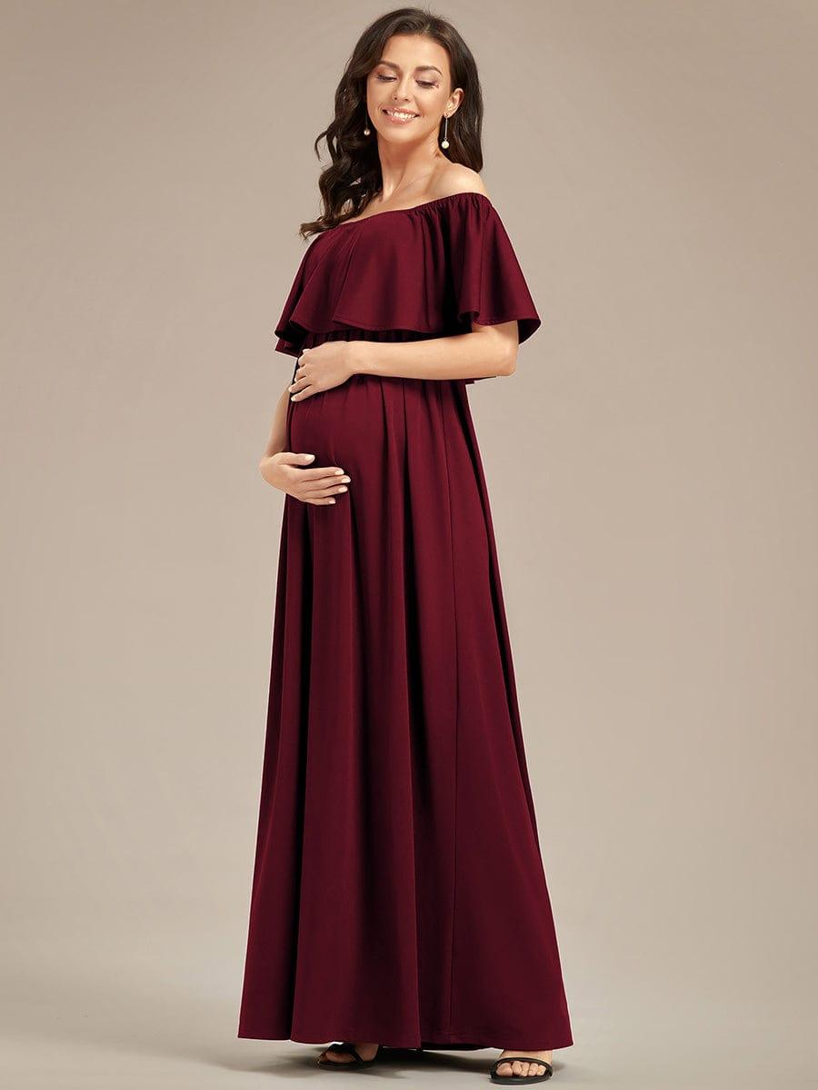 Robe de Maternité évasée flatteuse avec volants épaules dénudées #Couleur_Bordeaux Robe de Maternité évasée flatteuse avec volants épaules dénudées