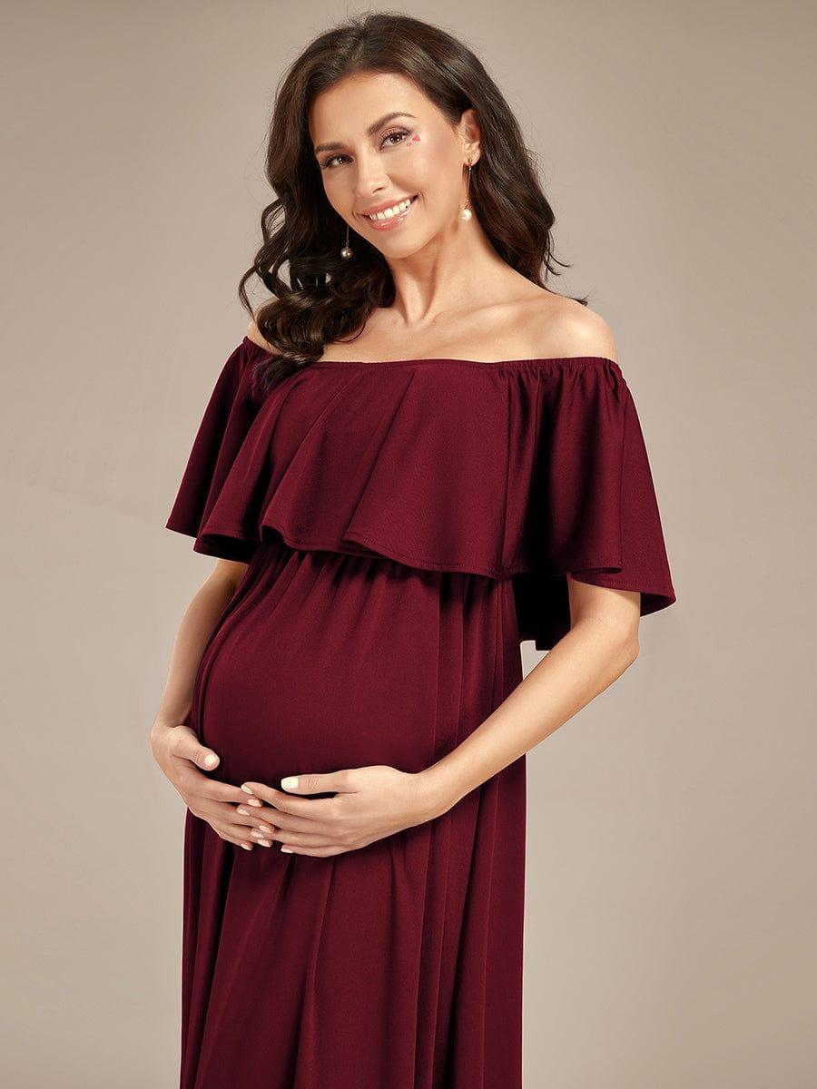 Robe de Maternité évasée flatteuse avec volants épaules dénudées #Couleur_Bordeaux Robe de Maternité évasée flatteuse avec volants épaules dénudées