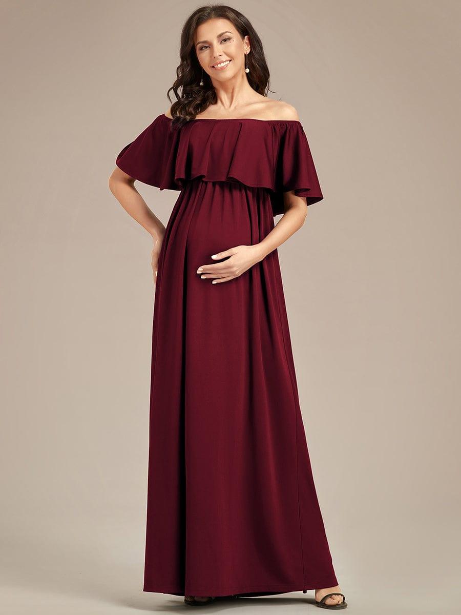 Robe de Maternité évasée flatteuse avec volants épaules dénudées #Couleur_Bordeaux Robe de Maternité évasée flatteuse avec volants épaules dénudées