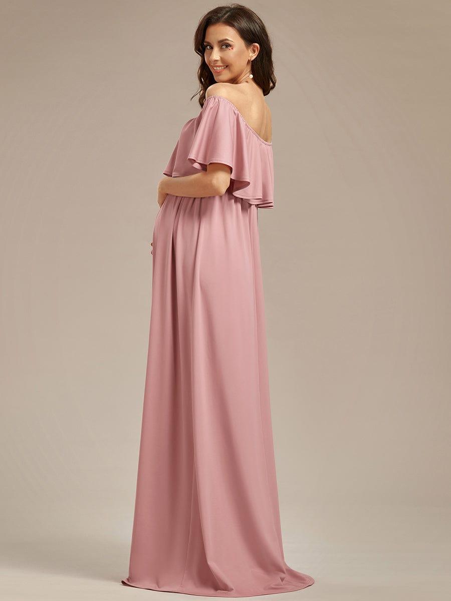 Robe de Maternité évasée flatteuse avec volants épaules dénudées #Couleur_Bordeaux Robe de Maternité évasée flatteuse avec volants épaules dénudées